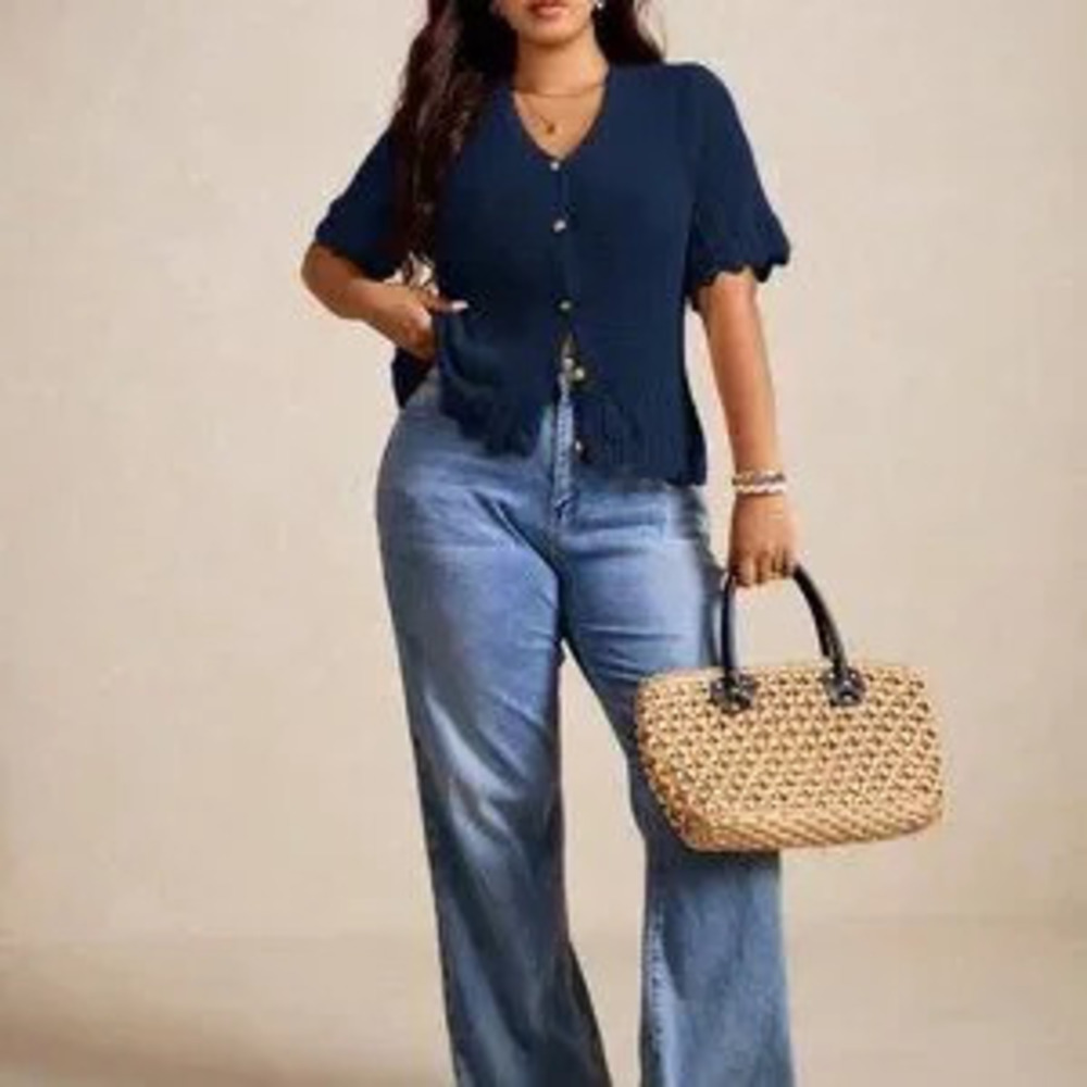 Navy Blue Casual Women's Plus Size Front Button Short Sleeve Cardigan